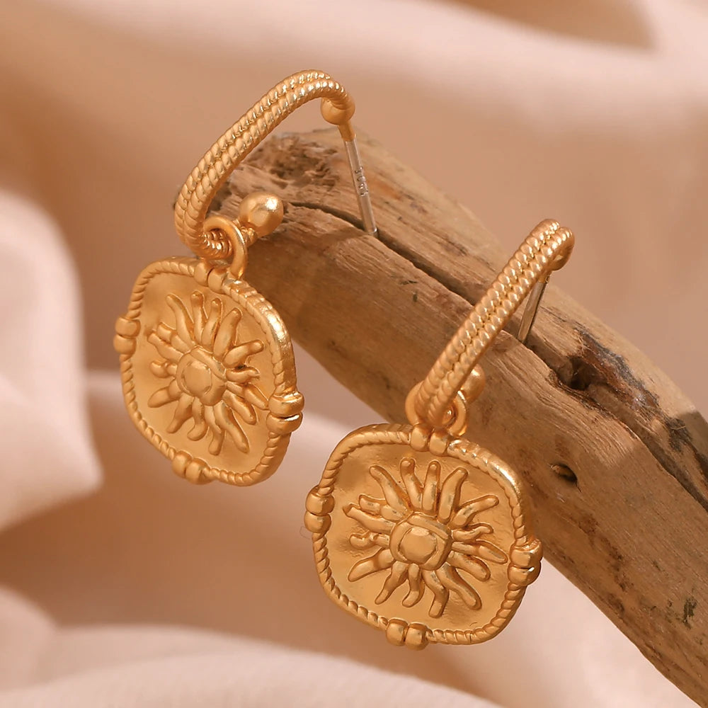 Sun Charm Drop Hoop Earrings