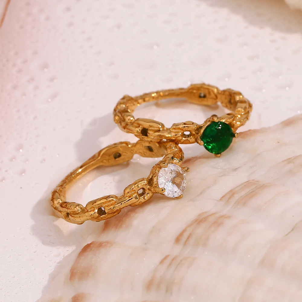 Green & White Rhinestone Chain Ring