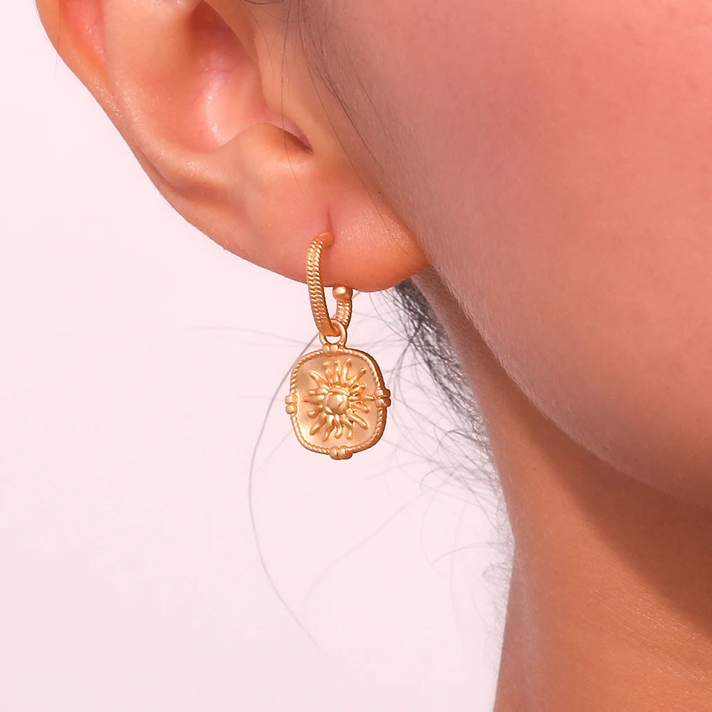 Sun Charm Drop Hoop Earrings