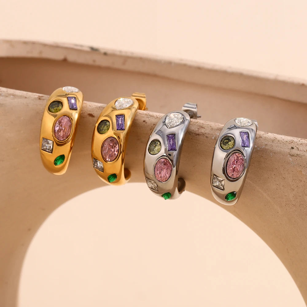 Coloured Zircon C-Stud Earrings